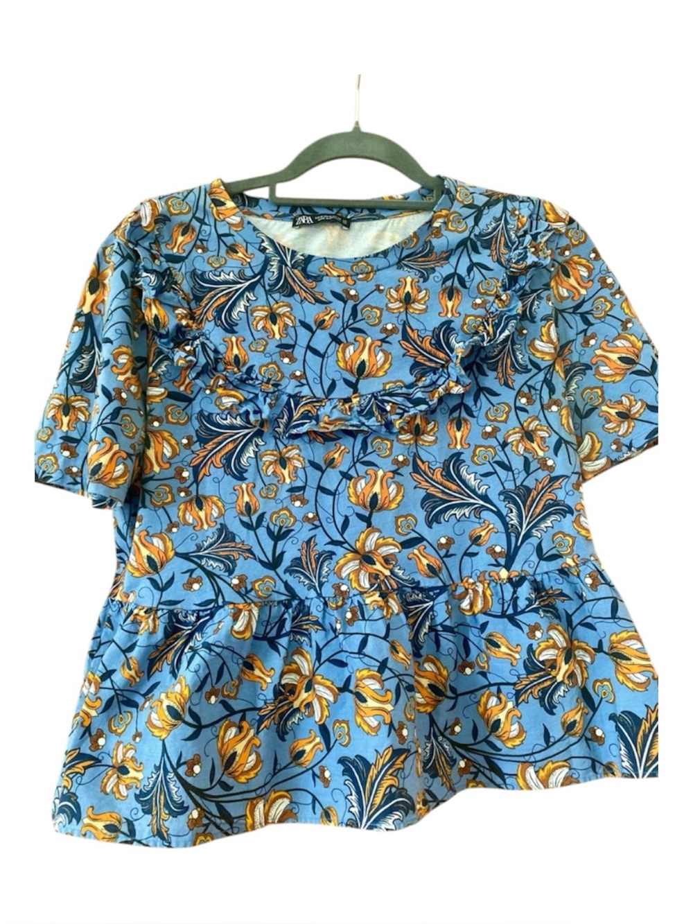 Zara Trafaluc Blue Floral Mixed Media Peplum Babydoll Top Boho Cottagecore M